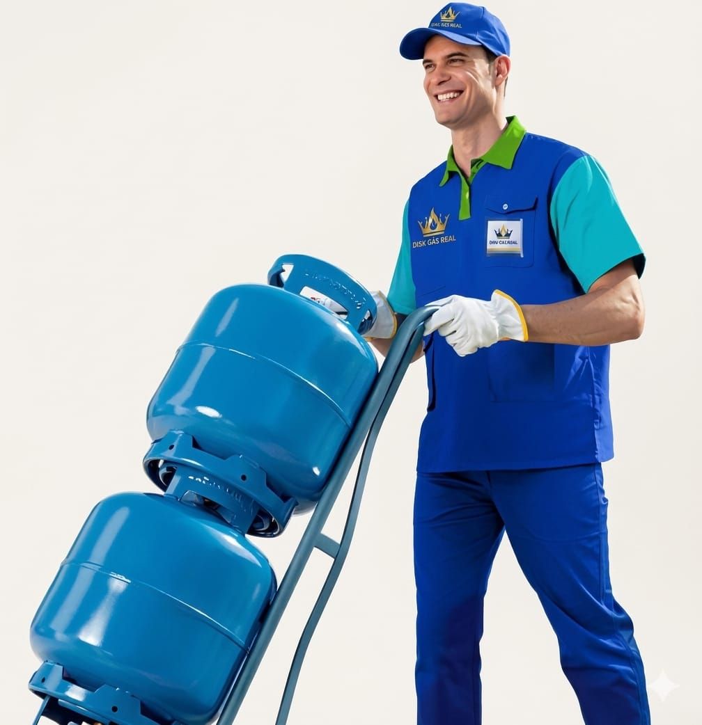 Entregador Disk Gás Real uniformizado entregando botijão de gás